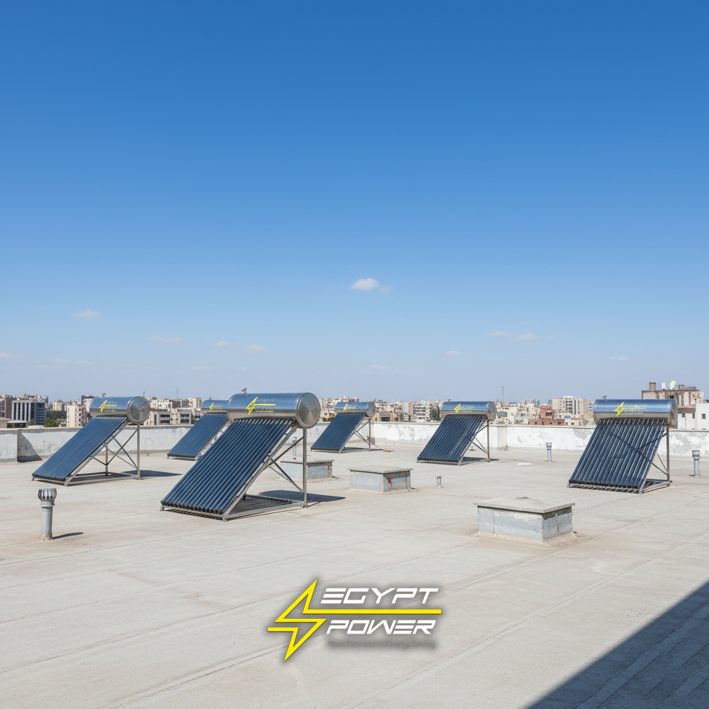 Solar Water Heater Repeated on top of a roof + logo